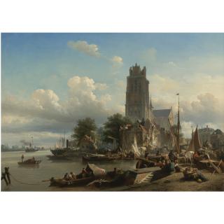 Elias Pieter Van Bommel - Dutch a Busy Harbour With Merchants Unloading Their Goods