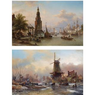 Elias Pieter Van Bommel - Dutch A View Of The Oude Schans With The Montelbaanstoren, Amsterdam; A Windmill In A Winter Landscape At Dawn (A Pair)