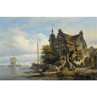 Elias Pieter van Bommel - Figures Unloading A Ferry By A Tavern