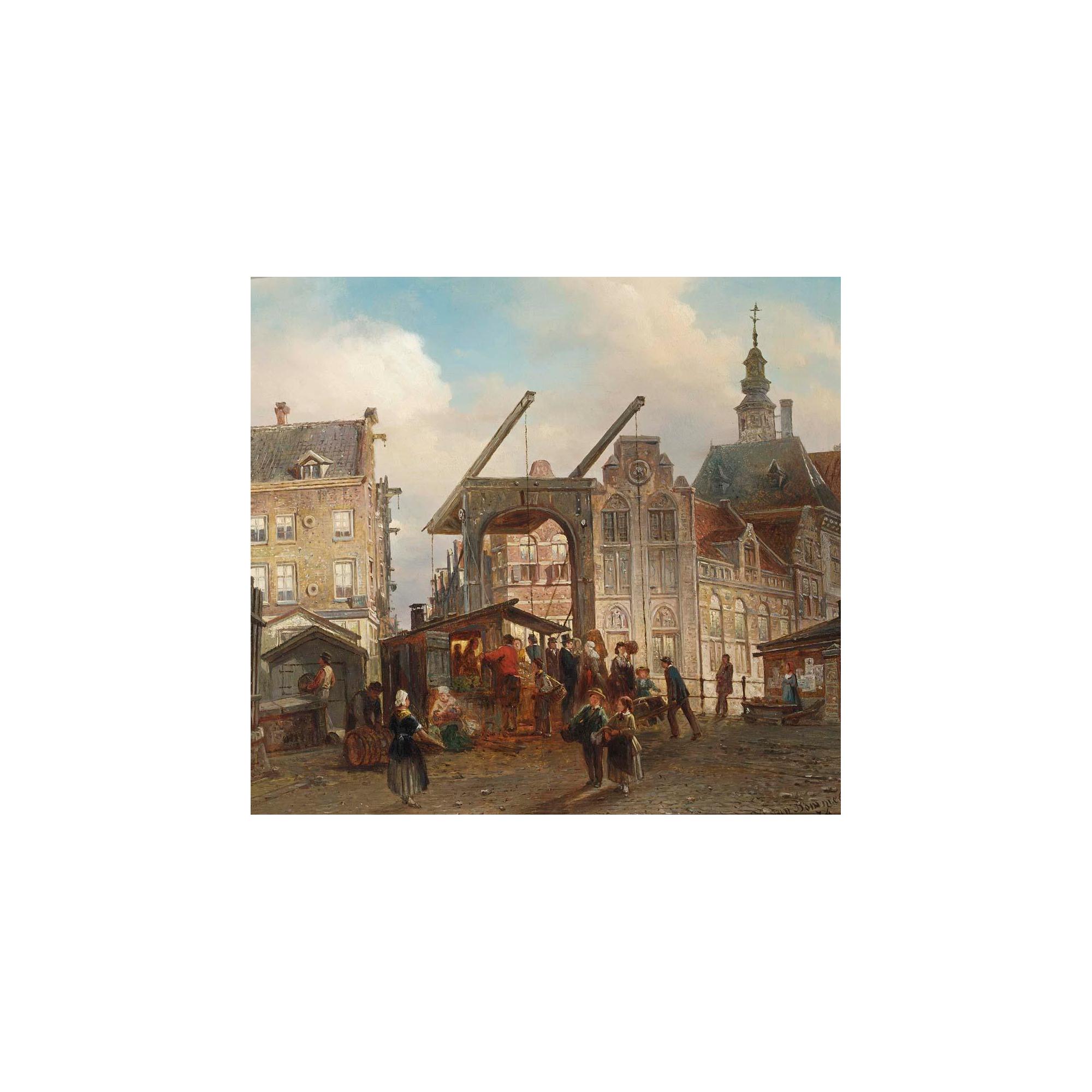 Elias Pieter van Bommel - Many Figures Near A Drawbridge In A Dutch Town