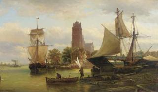 Elias Pieter Van Bommel - Moored sailing vessels at Dordrecht harbour