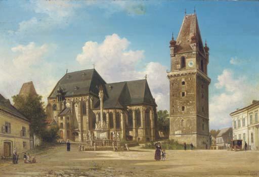 Elias Pieter van Bommel - Rathhaus Perchtoldsdorf bei Wien: figures on a square by a townhall, Austria