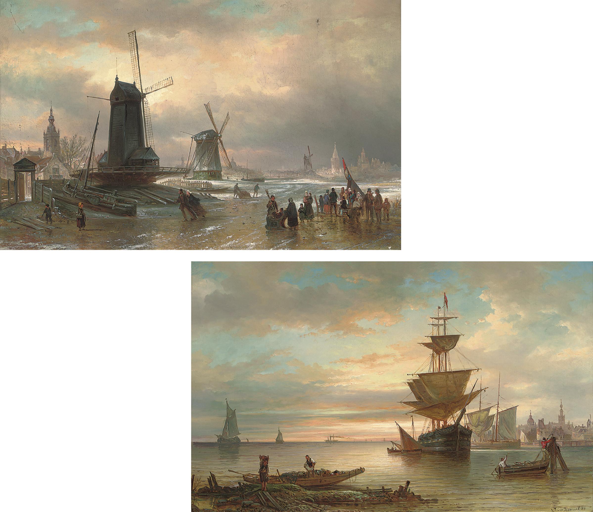 Elias Pieter Van Bommel - Skating before windmills, Amsterdam beyond ; and Sunrise on the Dutch coast