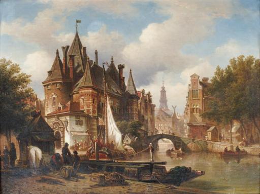 Elias Pieter Van Bommel - The Waag on the Nieuwmarkt with the Oude Kerk in the distance, Amsterdam
