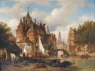 Elias Pieter Van Bommel - The Waag on the Nieuwmarkt with the Oude Kerk in the distance, Amsterdam