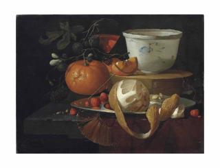 Elias Van Den Broeck - A partially peeled orange, strawberries and other fruit with a wine glass and Wan-li bowl on a partially draped stone ledge