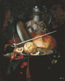 Elias van den Broeck - A partly-peeled orange on a pewter plate with raspberries, cherries, grapes, a loaf of bread, a pipe and a water jug on a table ledge under damask drapery