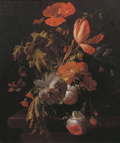 Elias van den Broeck - A Still Life With Tulips, Roses, Poppies And Other Flowers In A Vase On A Wooden Ledge