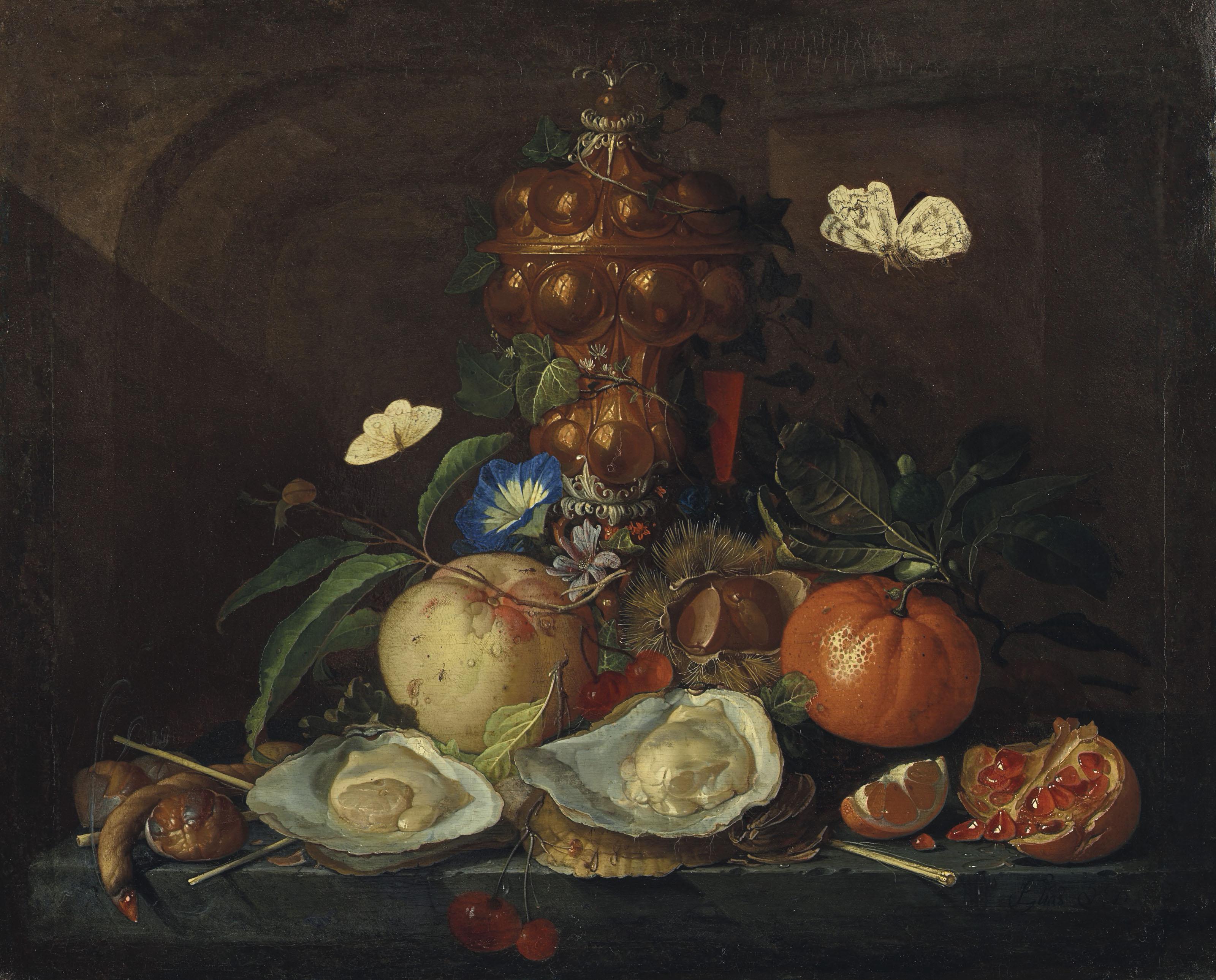 Elias Van Den Broeck - Nature morte aux huitres, papillons, fruits et hanap