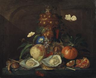 Elias Van Den Broeck - Nature morte aux huitres, papillons, fruits et hanap