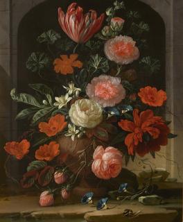 Elias van den Broeck - Nature morte aux roses, tubéreuses, tulipe, liseron et autres fleurs dans une niche