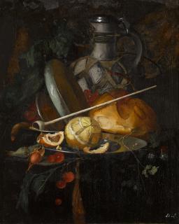 Elias van den Broeck - Still life with a partly-peeled orange on a pewter plate with raspberries, cherries, grapes, a loaf of bread, a pipe and a water jug on a partly-draped table