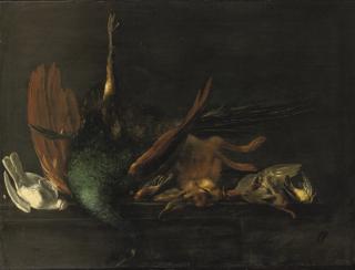 Elias Vonck - A peacock, a hare, a partridge, two finches and a dove on a table