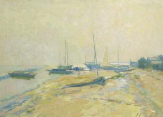 Elie Anatole Pavil - Sailing boats on a river-bank