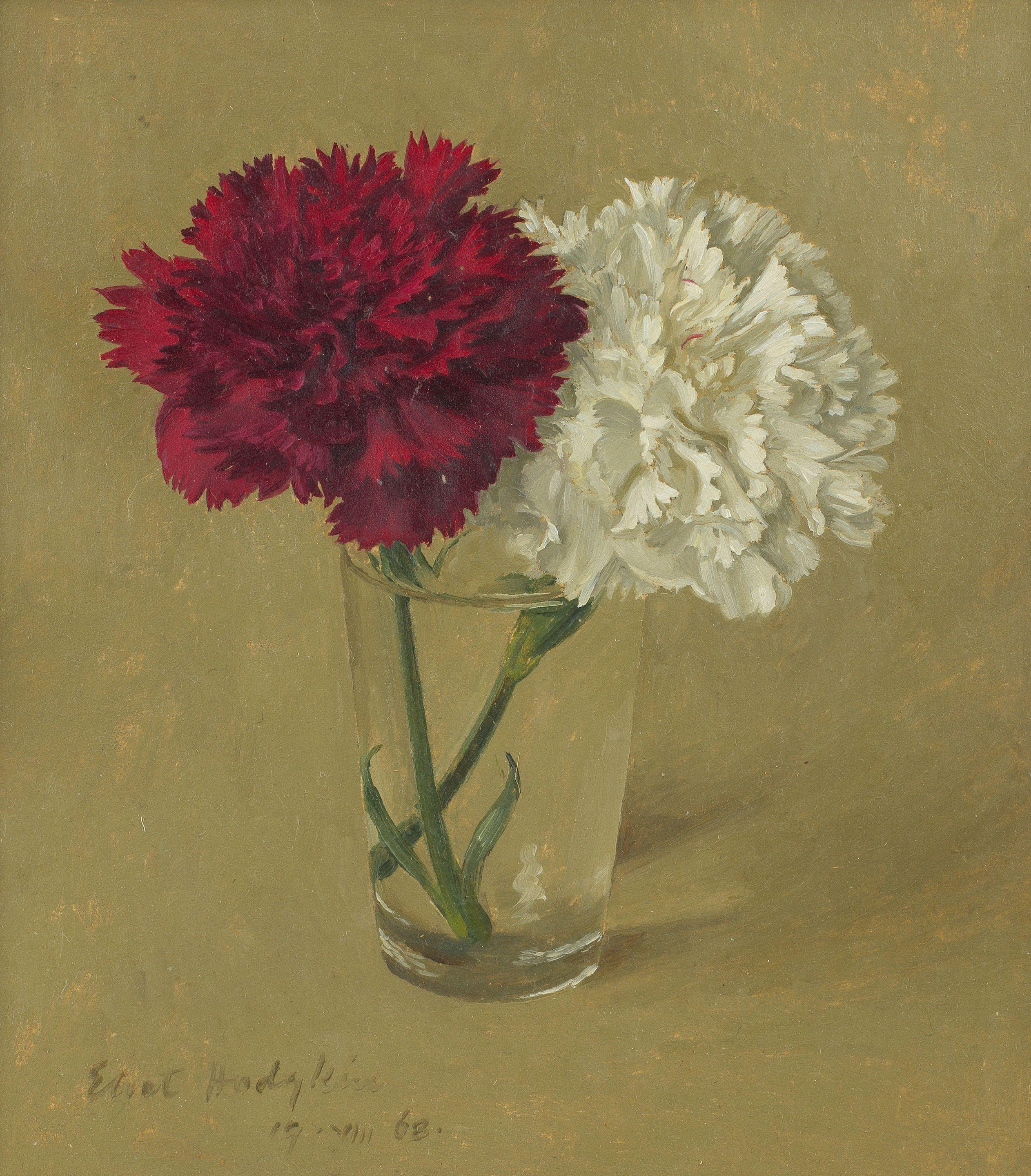 Eliot Hodgkin - Red and White Carnations (in a Glass)