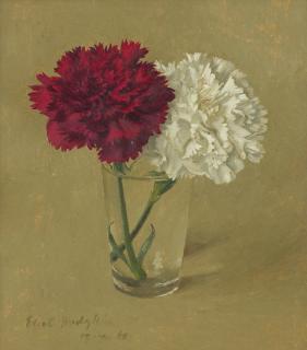 Eliot Hodgkin - Red and White Carnations (in a Glass)