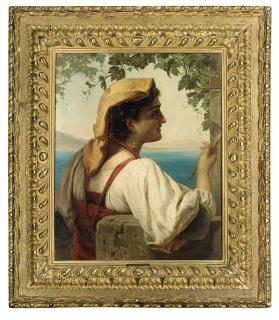 Elisabeth Anna Maria Jerichau-Baumann - An Italian maiden mending nets on the Bay of Naples, Vesuvius beyond
