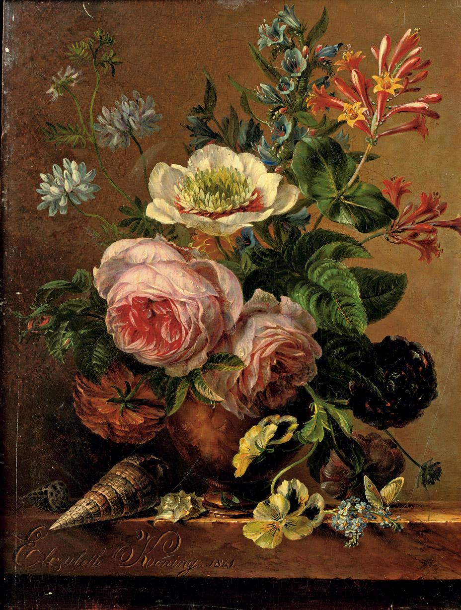 Elisabeth Johanna Koning - An exuberant flower still life on a marble ledge