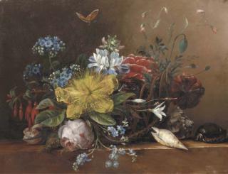 Elisabeth Johanna Koning - Flowers In A Basket With Shells On A Ledge
