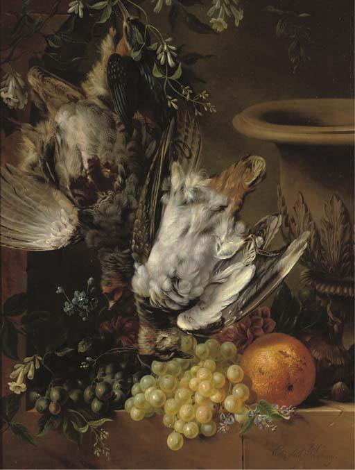 Elisabeth Johanna Koning - Game, fruit and flowers on a ledge