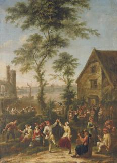 Elisabeth Seldron - A Village Kermesse With Figures Feasting By A House, A Harbour And A Ruined Gate Beyond