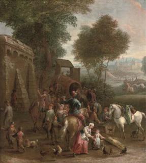 Elisabeth Seldron - Huntsmen at halt with village traders by a building, a river and town beyond
