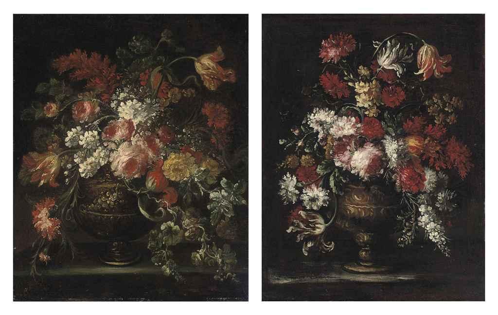 Elisabetta Marchioni - Roses, tulips and other flowers in a sculpted urn on a ledge; and Narcissi, roses, tulips and other flowers in a sculpted urn on a ledge