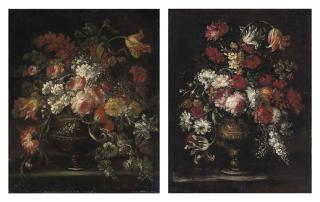 Elisabetta Marchioni - Roses, tulips and other flowers in a sculpted urn on a ledge; and Narcissi, roses, tulips and other flowers in a sculpted urn on a ledge