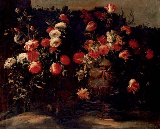 Elisabetta Marchioni - Tulips, roses, daffodils and other flowers in an urn, on a stone