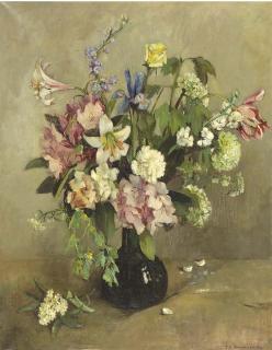 Elise Claudine Arntzenius - A summer bouquet with lillies, rhodondendrons and hydrangea in a glass vase