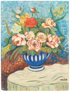 Elisée Maclet - Nature morte avec fleurs d\'été dans un vase bleu