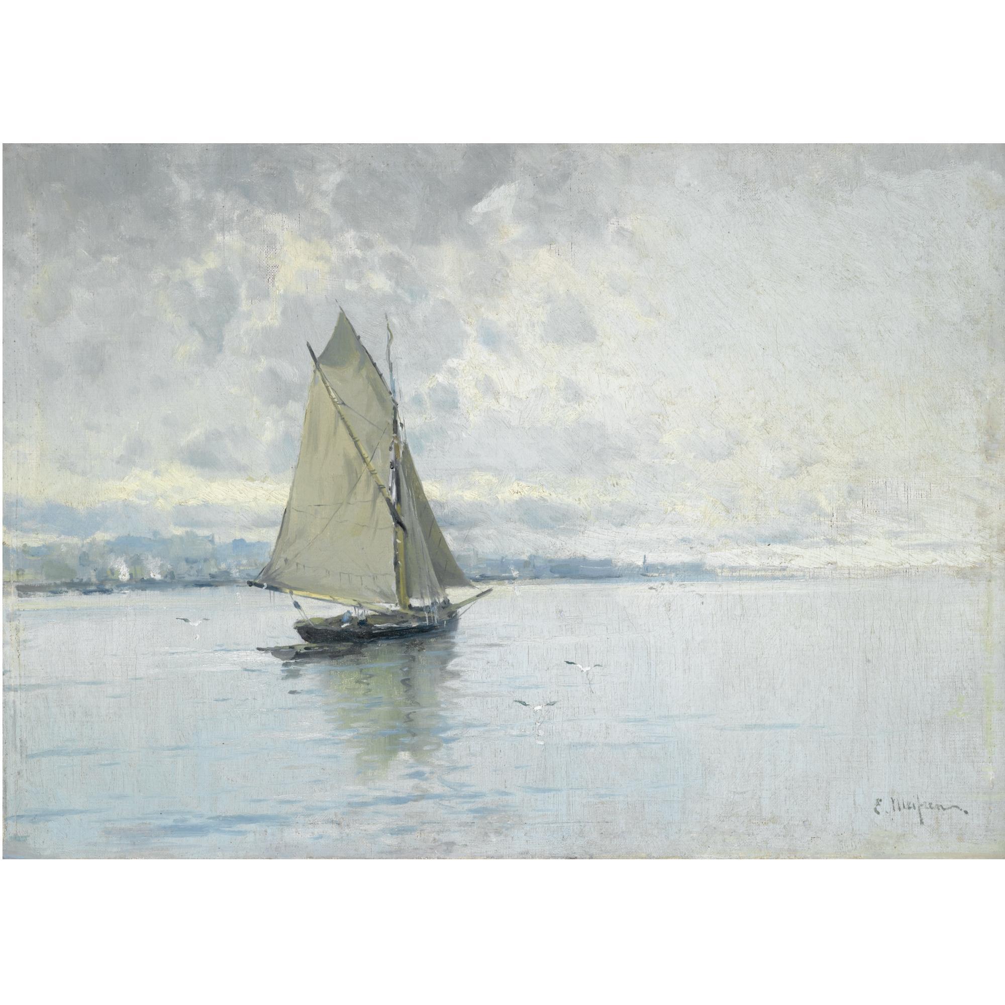 Eliseo Meifrén - Spanish marina Con Barco (Seascape With Sailing Boat)