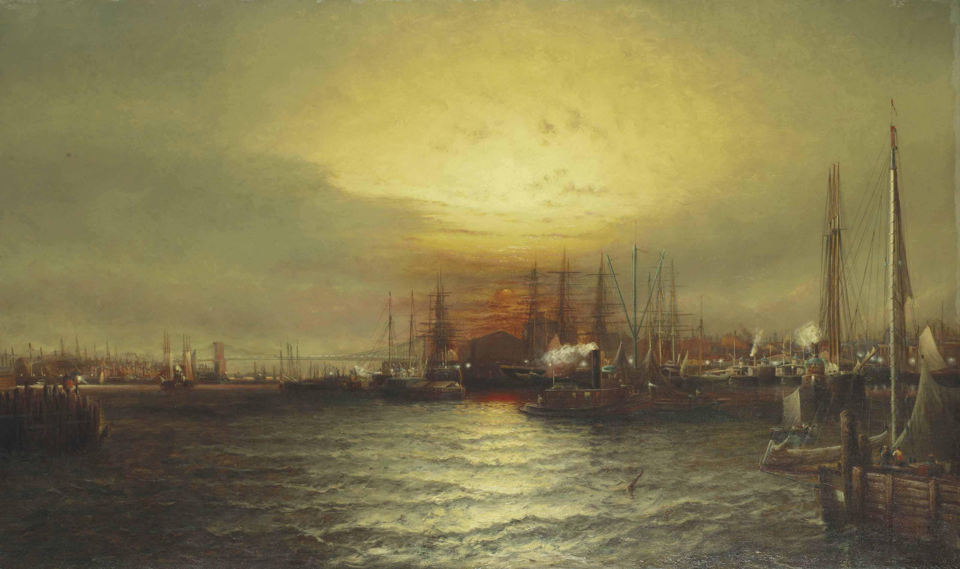Elisha J. Taylor Baker - Sunrise from Chapman Dock and Old Brooklyn Navy Yard, East River, New York