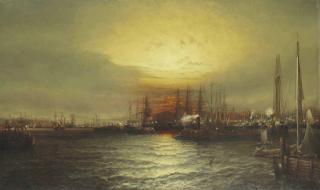 Elisha J. Taylor Baker - Sunrise from Chapman Dock and Old Brooklyn Navy Yard, East River, New York