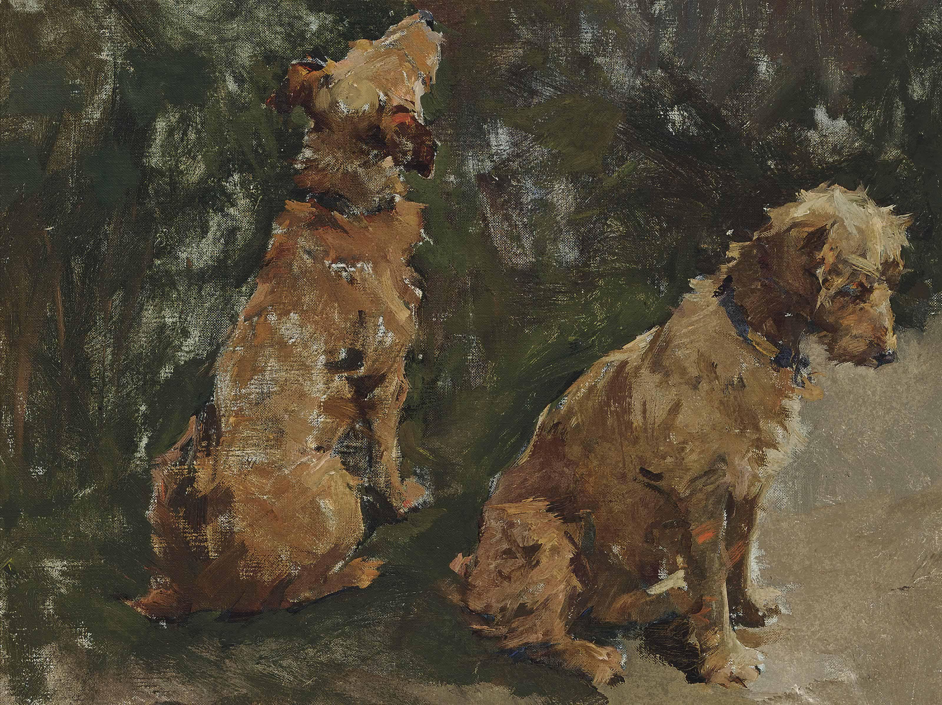 Elizabeth Adela Stanhope Forbes, A.R.W.S. - Two terriers: Study for \'The Half Holiday\'
