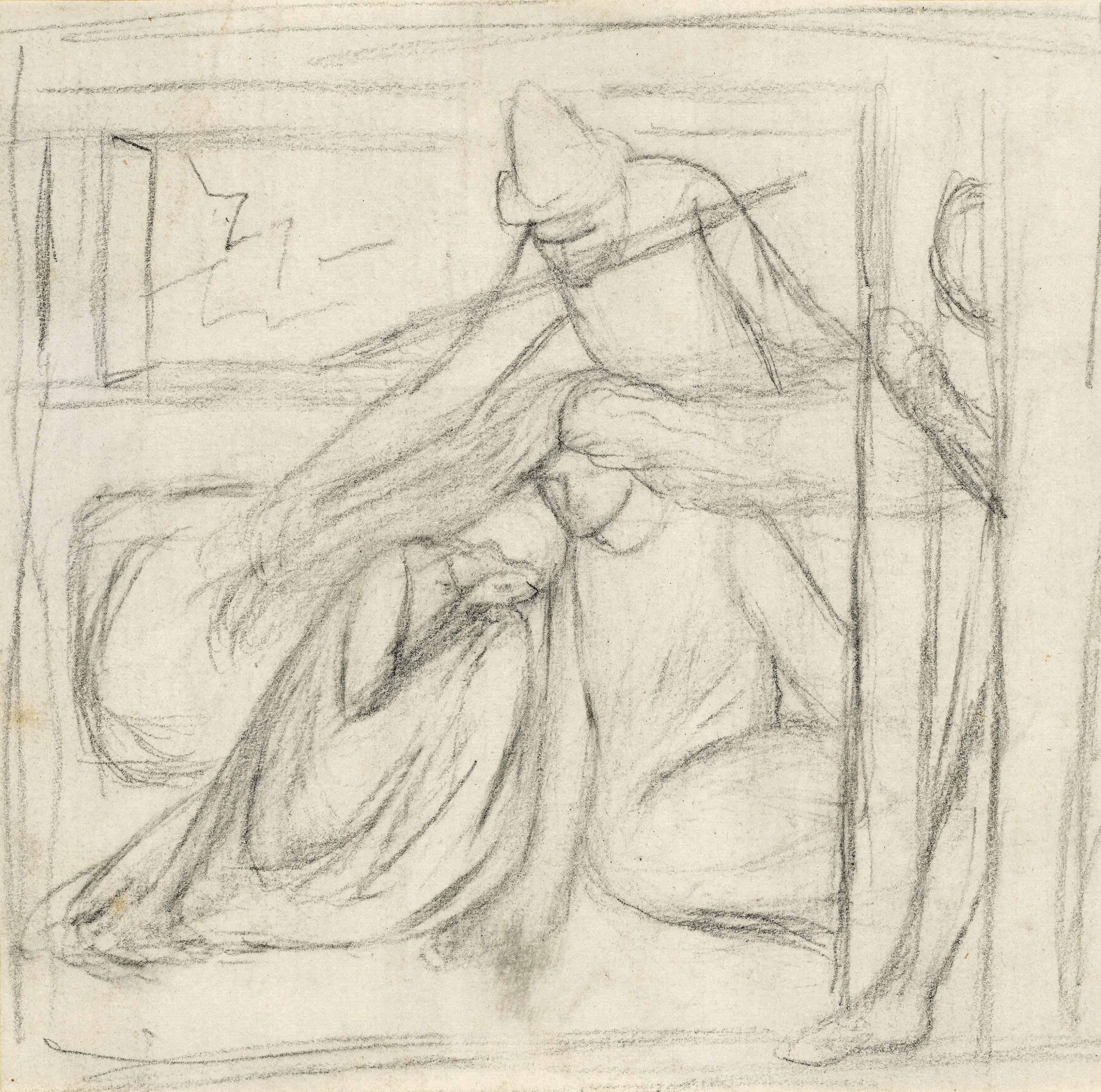 Elizabeth Rossetti, Née Siddal - Study of a woman and a man seated on the ground, a further male figure standing behind