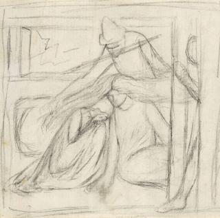Elizabeth Rossetti, Née Siddal - Study of a woman and a man seated on the ground, a further male figure standing behind