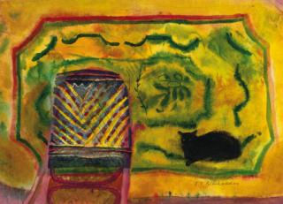 Elizabeth Violet Blackadder, R.A., R.S.A., R.S.W. - Cat on a Yellow Carpet