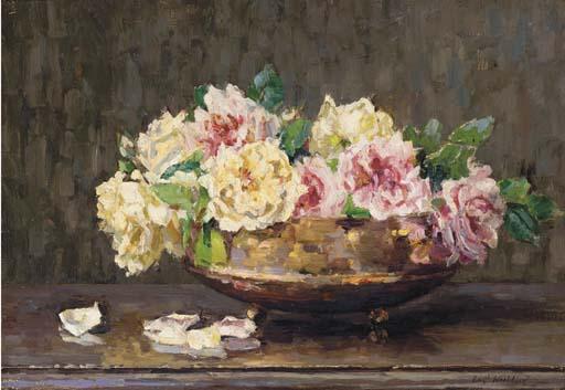 Elizabeth Whitehead - Pink and yellow roses in a copper bowl