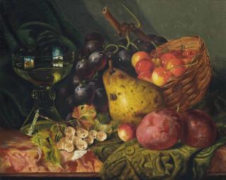 Ellen Ladell - A wine glass, pear, plums, grapes, white currants and cherries in a basket, on a marble ledge