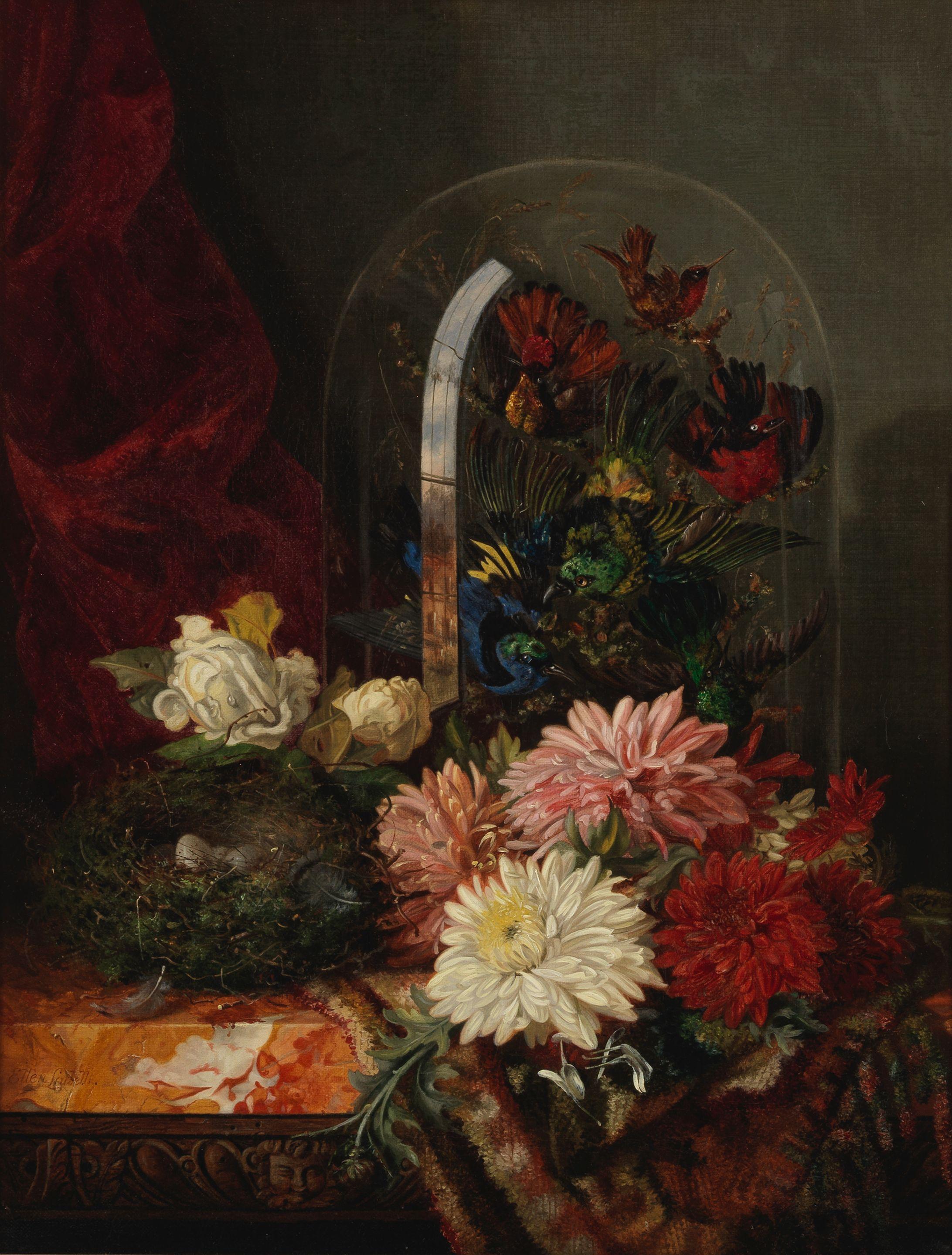 Ellen Ladell - Chrysanthemums, birds nest and taxidermy display