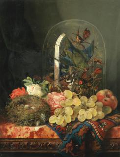 Ellen Ladell - Still Life Of Flowers And Birds In A Glass Dome