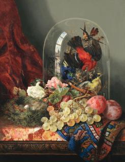 Ellen Ladell - Still life of fruit, a bird\'s nest and roses with a glass dome of exotic birds