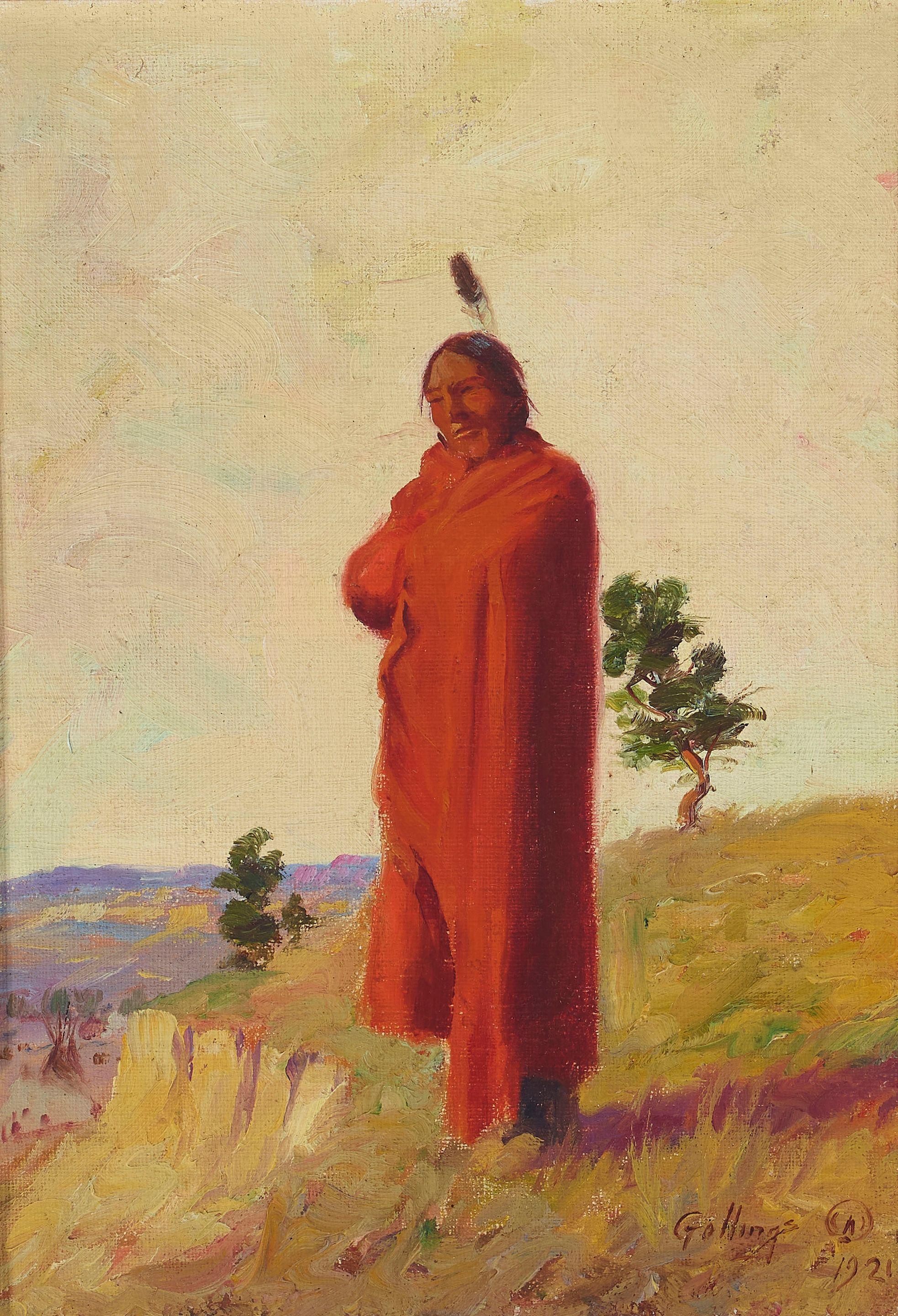 Elling William Gollings - Native American Man Standing in a Red Robe