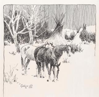 Elling William Gollings - Three Horses near Tipis