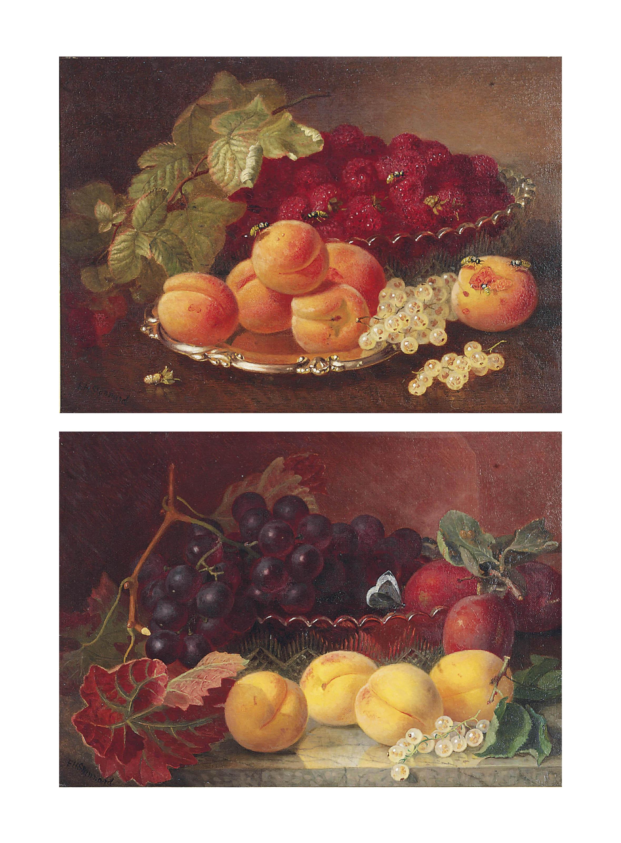 Eloise Harriet Stannard - A glass dish of raspberries with a silver salver with peaches and white currants on a table; and A cut-glass dish with grapes and plums, a butterfly perched on the rim of the dish, on a marble ledge