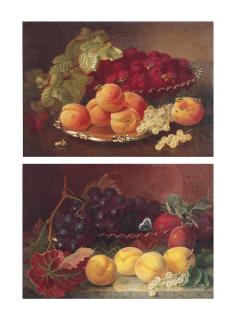 Eloise Harriet Stannard - A glass dish of raspberries with a silver salver with peaches and white currants on a table; and A cut-glass dish with grapes and plums, a butterfly perched on the rim of the dish, on a marble ledge