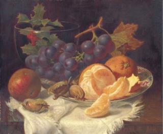 Eloise Harriet Stannard - An Apple, Black Grapes, Two Oranges And Cob Nuts On Oriental Plate, With Holly In A Glass Vase, On A Wooden Table
