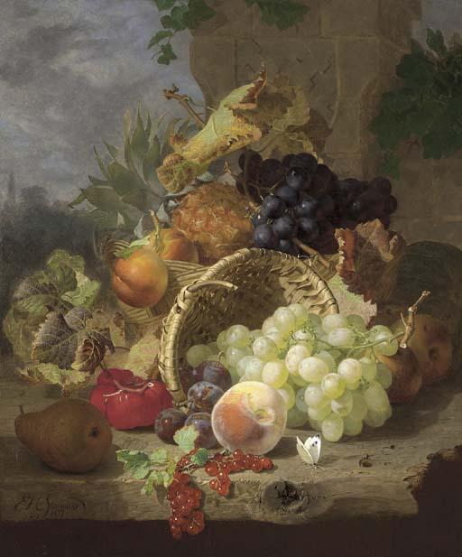 Eloise Harriet Stannard - Apples, a pineapple and black grapes in a basket, beside an upturned basket with a pear, plums, redcurrants, a peach, white grapes and a butterfly on a wooden ledge