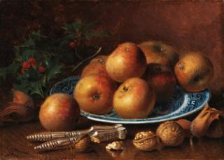 Eloise Harriet Stannard - Apples on a willow-pattern plate, holly, walnuts, hazlenuts and a nutcracker